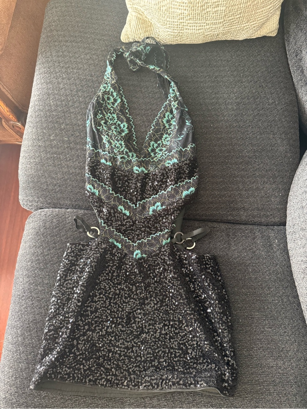 Black Sequin Halter Dress with Teal Lace Accents